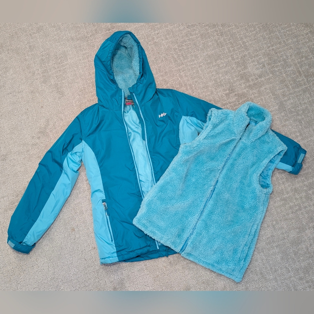 Hawke & Co Girls 14 Light Blue Puffer Winter Insulated Jacket Fleece Vest Liner